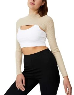 Cotton:On Rib Crop Long Sleeve Tee In Taupe For Women Linen Taupe