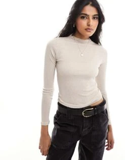 Cotton:On Cotton On Mock Neck Long Sleeve Crop Top In Textured Stone Jersey For Women
