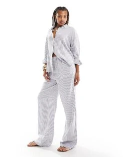 Cotton:On Cotton On Drawstring Straight Leg Trousers In Linen For Women Gigi Stripe Blue