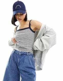 Cotton:On Cotton On Square Neck Crop Vest In Navy Stripe For Women Porcelain/ink