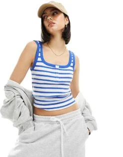 Cotton:On Cotton On Henley Crop Tank With Button Front In Blue Stripes For Women Stripe/pacific Blue