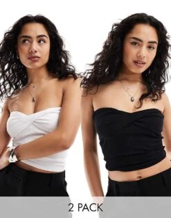 Cotton:On Cotton On 2 Pack Twist Front Bandeau Crop Top Black White For Women