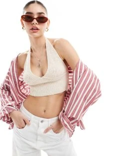 Cotton:On Cotton On Faux Shell Trim Halter Neck Crop Top In Ecru Crochet Co-ord For Women