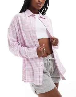 Cotton:On Cotton On Oversized Flannel Pyjama Shirt In Pink Check For Women