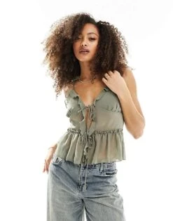 Cotton:On Boho Tie Front Cami Top In Khaki For Women Woodland