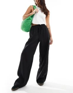 Cotton:On Cotton On Drawstring Straight Leg Trousers In Black Linen For Women