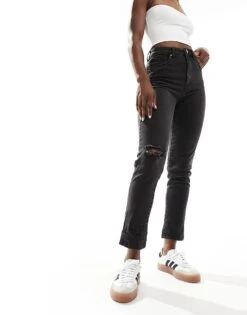 Cotton:On Cotton On Stretch Mom Jeans In Washed Black Denim For Women Stone Wash Black Rip