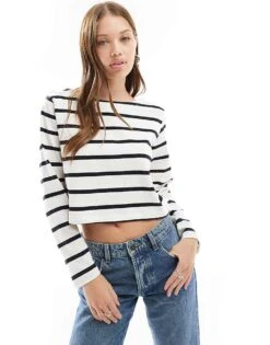 Cotton:On Cotton On Boat Neck Long Sleeve Crop Top In Monochrome Stripe For Women Porcelain Black