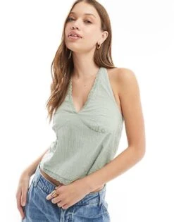 Cotton:On Cotton On Halter Neck Linen Look Top With Buttons In Khaki For Women Soft Jade