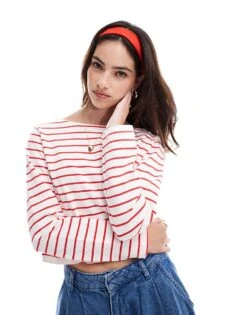 Cotton:On Cotton On Long Sleeve Boat Neck Crop Top In Red Stripe For Women Porcelain Red