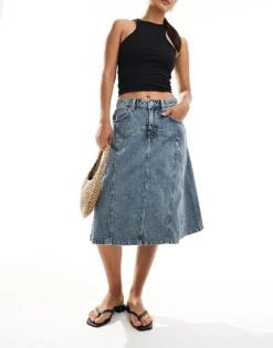Cotton:On Cotton On Seam Detail Awkward Length Midi Denim Skirt In Blue Crush For Women