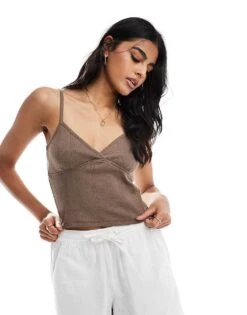 Cotton:On Cotton On Cami V Neck Crop Top In Brown With Bow For Women Mink Brown
