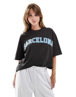 Cotton:On Cotton On Oversized Washed Black T-shirt With Barcelona Print For Women