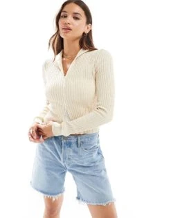 Cotton:On Cotton On Double Zip Rib Collar Cardigan In Ecru For Women