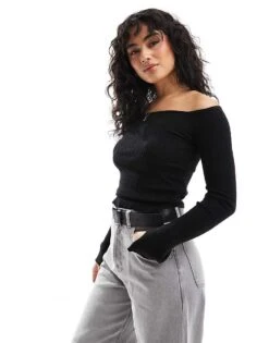 Cotton:On Cotton On Everfine Curve Hem Off Shoulder Lightweight Jumper In Black For Women