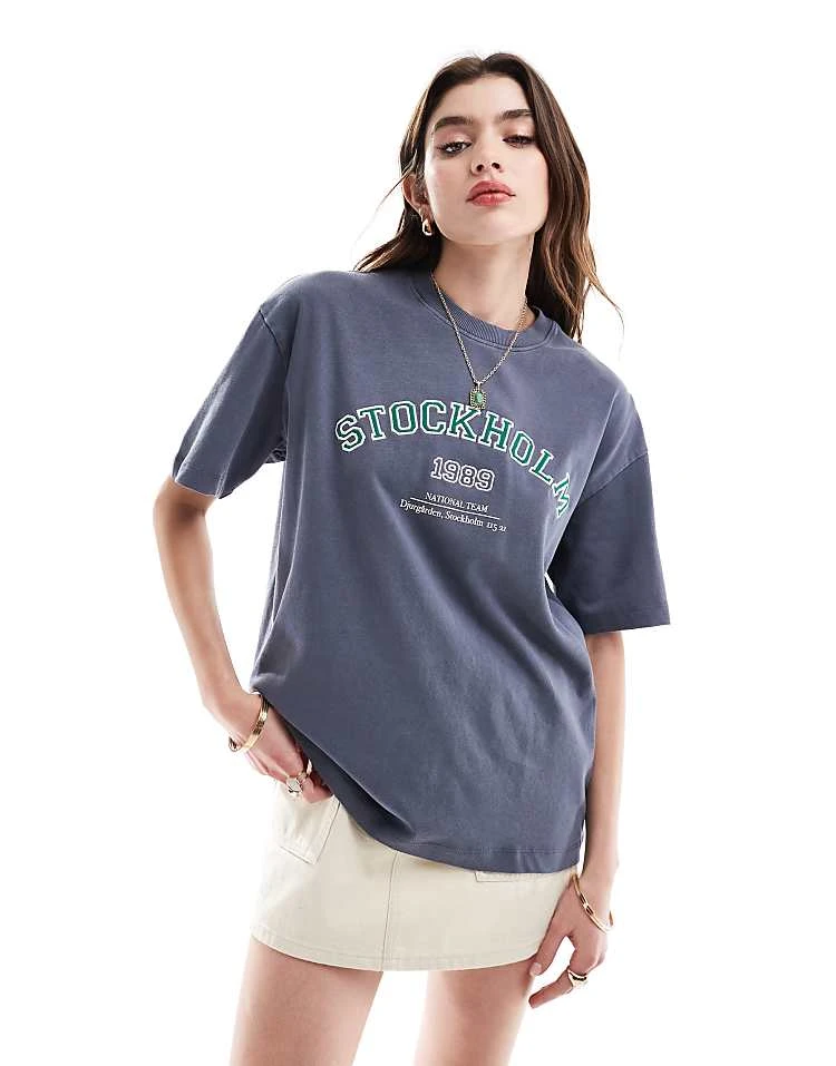 Cotton:On Cotton On Oversized Washed Navy T-shirt With Stockholm Print For Women Blue Slate - Image 5