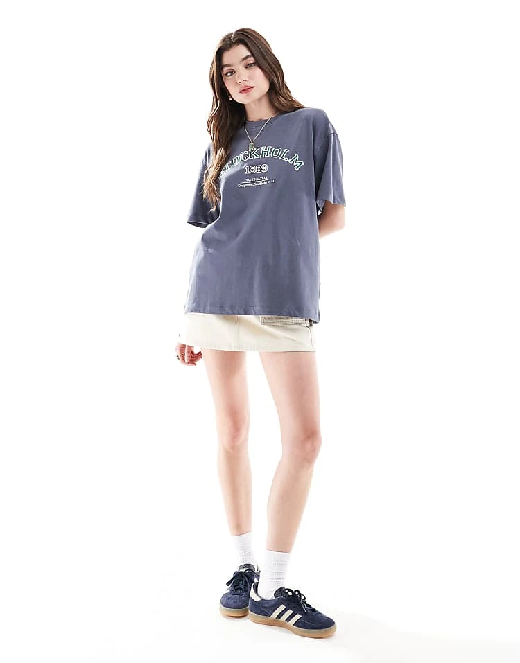 Cotton:On Cotton On Oversized Washed Navy T-shirt With Stockholm Print For Women Blue Slate - Image 2
