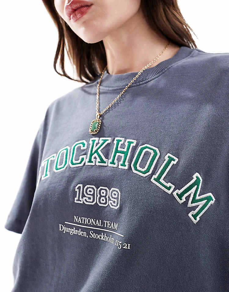 Cotton:On Cotton On Oversized Washed Navy T-shirt With Stockholm Print For Women Blue Slate - Image 4