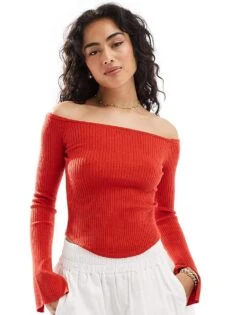 Cotton:On Cotton On Everfine Curve Hem Off Shoulder Lightweight Jumper In Red For Women