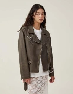 Cotton:On Roman Faux Leather Biker Jacket In Mottled Brown For Women