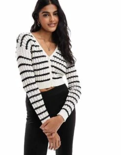 Cotton:On Cotton On Its A Match V Neck Stripe Knit Cardigan For Women Ecru Black Stripe