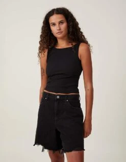 Cotton:On Relaxed Denim Short In Graphite Black Rip For Women