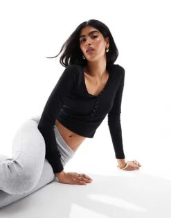 Cotton:On Cotton On Kelsey V Front Henley Long Sleeve Top Black For Women