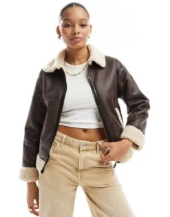 Cotton:On Cotton On Dakota Faux Leather Aviator Jacket In Brown Cream For Women Brown/cream
