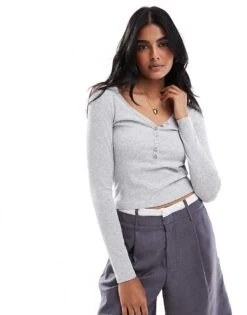 Cotton:On Cotton On Kelsey V Front Henley Long Sleeve Top Grey For Women Grey Marle