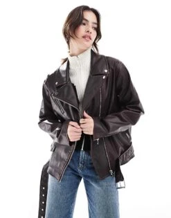 Cotton:On Cotton On Roman Faux Leather Biker Jacket In Distressed Cherry For Women