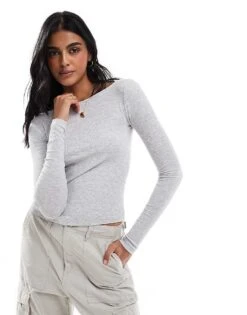 Cotton:On Staple Rib Boat Neck Long Sleeve Top In Grey For Women