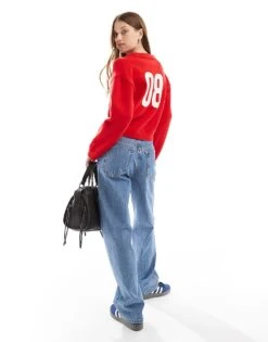 Cotton:On Cotton On Knitted V Neck Polo Sweater With Back Graphic In Red For Women Rebel Red/13