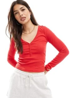 Cotton:On Cotton On Rib V Neck Henley Long Sleeve Top In Rebel Red For Women
