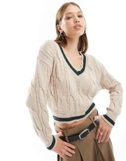 Cotton:On Cotton On Cable Knit V Neck Sweater In Stone For Women