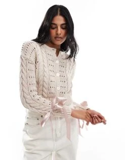 Cotton:On Cotton On Crew Neck Cardigan With Bow Details In Stone For Women