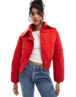 Cotton:On Cotton On Puffer Jacket With Knitted Collar In Crimson Red For Women