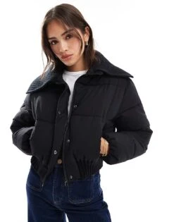 Cotton:On Cotton On Puffer Jacket With Knitted Collar In Black For Women
