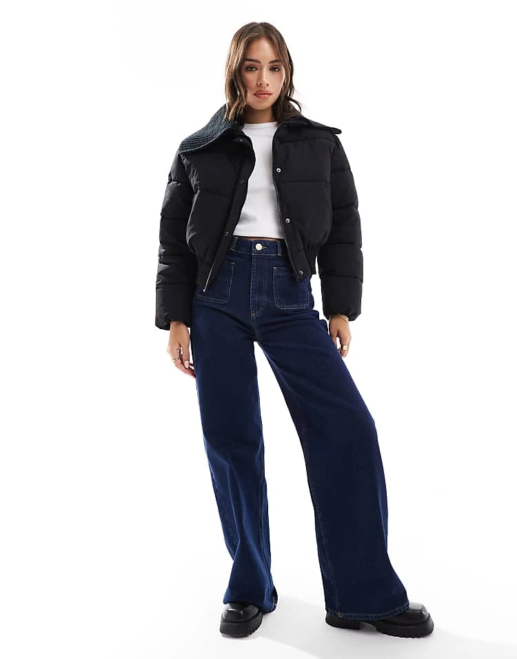 Cotton:On Cotton On Puffer Jacket With Knitted Collar In Black For Women - Image 3