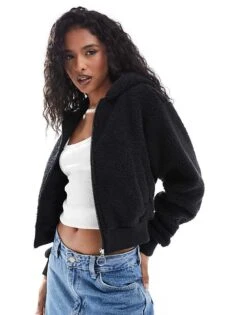 Cotton:On Cotton On Washed Sherpa Zip Jacket In Black For Women
