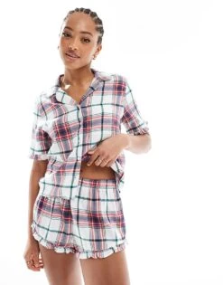 Cotton:On Cotton On Flannel Pyjama Short Shirt Set In Vintage Cream Check For Women Multi