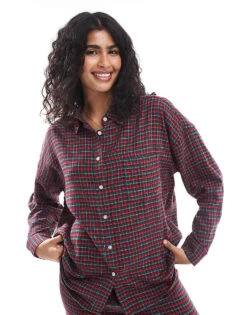 Cotton:On Cotton On Relaxed Flannel Pyjama Shirt In Red Micro Check Set For Women Multi