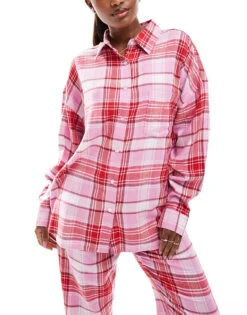 Cotton:On Cotton On Relaxed Flannel Pyjama Shirt In Pink Red Check For Women Multi