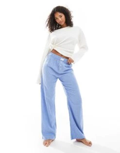 Cotton:On Cotton On Relaxed Flannel Pyjama Bottoms In Blue Sky Stripe For Women Teddie Stripe/sky