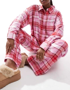 Cotton:On Cotton On Relaxed Flannel Pyjama Bottoms In Pink Red Check For Women Multi