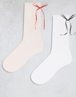 Cotton:On Cotton On Crew Sock 2 Pack In Pink White Ribbon Detail For Women White Pink Pointelle