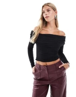 Cotton:On Cotton On Rhi Gathered Off The Shoulder Slinky Long Sleeve Top In Black For Women