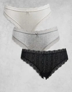 Cotton:On Cotton On 3 Pack Cotton Lace Bikini Brief Grey Butterscotch Black For Women Multi