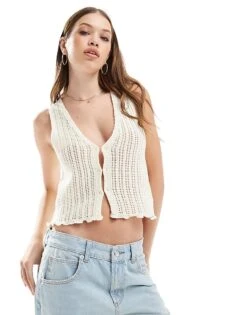 Cotton:On Cotton On Peekaboo Button Down Vest In Creme Fraiche For Women Cr�me Fraiche