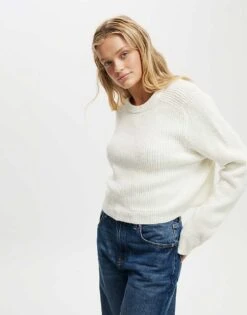 Cotton:On Rib Crop Crew Neck Sweater In White For Women