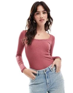 Cotton:On Staple Rib Scoop Neck Long Sleeve Top In Purple For Women